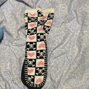 Pink Heart & Skull Cozy Slipper Socks